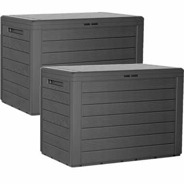 2x stuks antraciet tuin kussen opbergbox hout patroon 190 liter