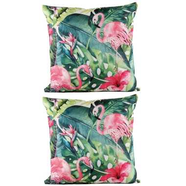 2x stuks bank/sier kussens met flamingo/bloemenprint voor binnen en buiten 45 x 45 cm tuinkussens vo