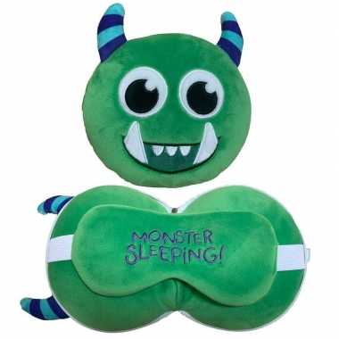 Monster vliegtuig/auto kussen met slaapmasker voor kids