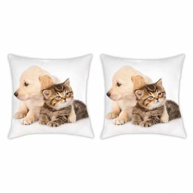 Set van 2x stuks kitten/puppy wit sierkussens/bankkussens 40 x 40 cm dierenprint