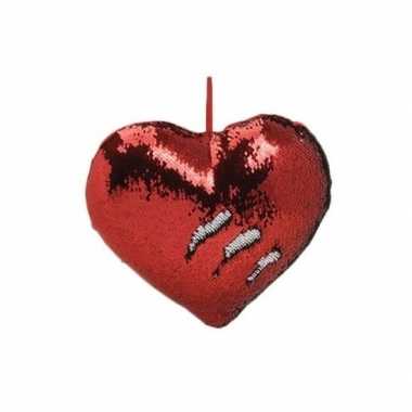 Woondecoratie hartjes kussens rood/zilver metallic met pailletten 35