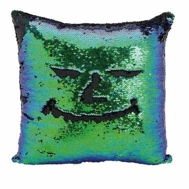 Woondecoratie kussens blauw/groen/zwart metallic met pailletten 40 cm