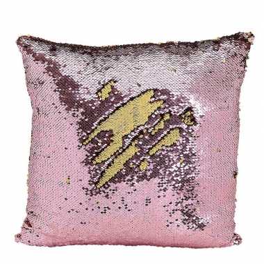 Woondecoratie kussens roze/goud metallic met pailletten 40 cm
