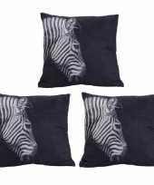 3x polyester woonkussentjes zebra print 45 x 45 cm