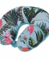 Blauw nek kussen en masker met flamingos voor volwassenen