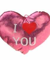 Roze glimmend harten kussen i love you 14 cm