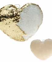 Set van 2x stuks woondecoratie hartjes kussens goud creme metallic met pailletten 30 cm