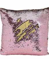 Woondecoratie kussens roze goud metallic met pailletten 40 cm